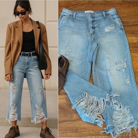 Kancan High Waist Distressed Wide Leg Frayed Hem Cropped Jeans Size 9 - Picture 1 of 16